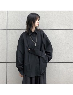 [S570] CIDE BUTTON CLOSURE POINT OVERFIT BLACK SHIRT
