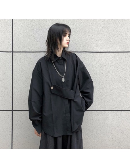 [S570] CIDE BUTTON CLOSURE POINT OVERFIT BLACK SHIRT
