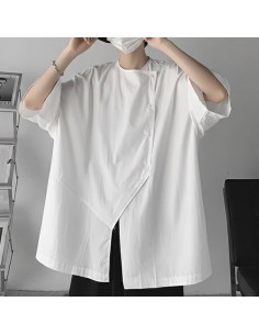 [S577] DIAGONAL BUTTON LAYERED HALF SHIRT